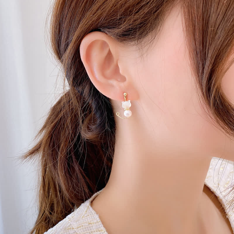 KarmaRipple's Cute Cat Paw Pearl Wisdom Stud Drop Earrings p3