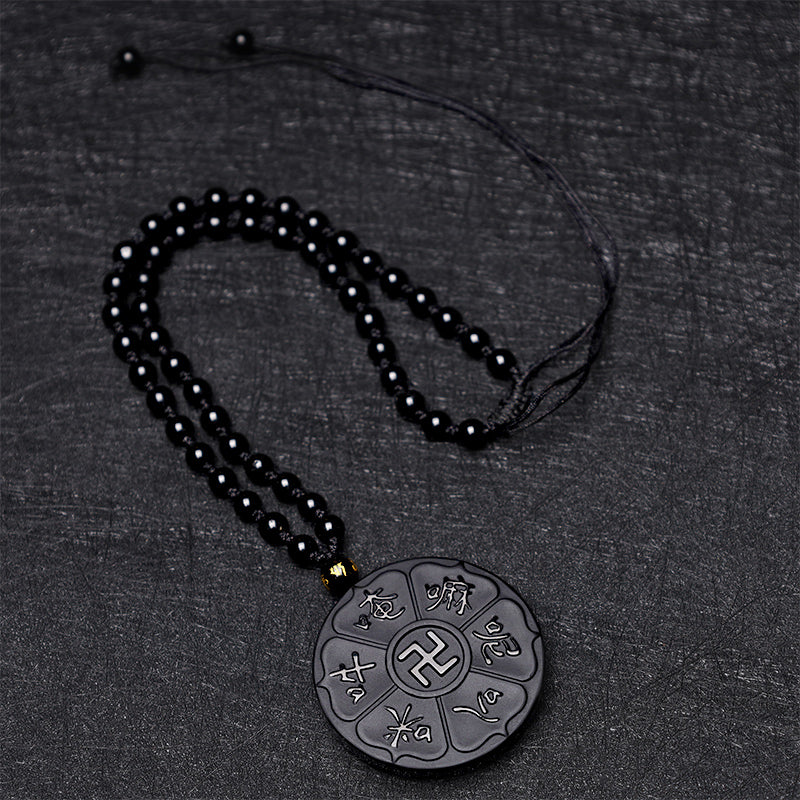 KarmaRipple's Authentic Black Obsidian Tibetan Om Mani Padme Hum Buddha Swastika Fortune Pendant Necklace p7