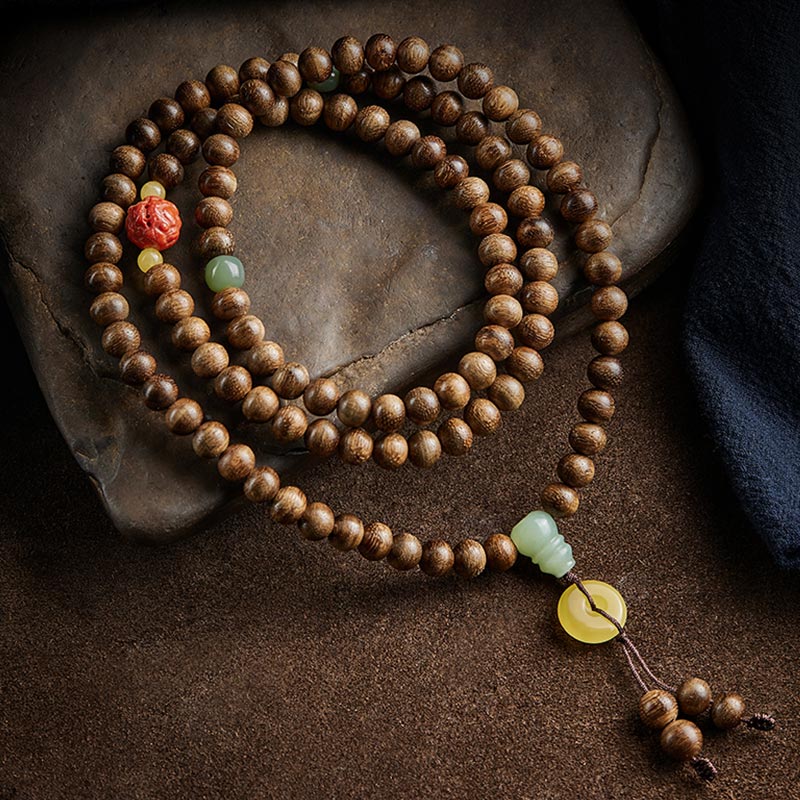 KarmaRipple's 108 Mala Beadwork Kalimantan Agarwood Gourd Jade Amber Balance Bracelet p19