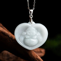 KarmaRipple's 925 Sterling Silver Laughing Buddha Ivory Jade Fortune Blessing Pendant Necklace