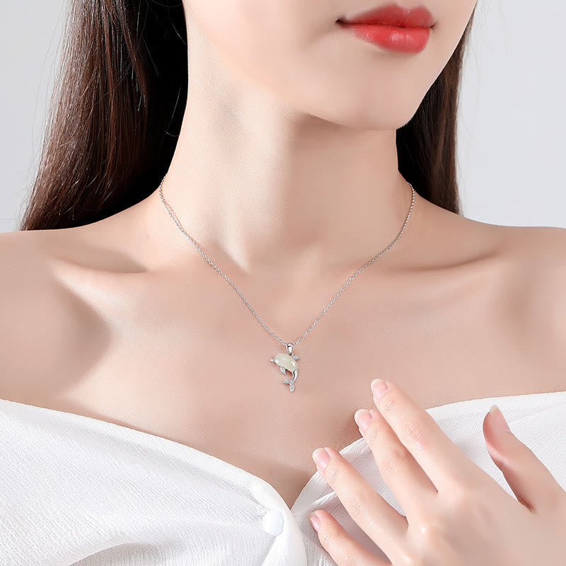 KarmaRipple's 925 Sterling Silver Cute Dolphin Hetian Jade Red Agate Fortune Pendant Necklace Ring Earrings Set p10