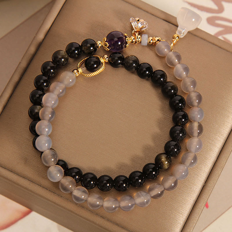 KarmaRipple's Gold Sheen Obsidian Gray Agate Lotus Talisman Strengthen Double Wrap Bracelet p5