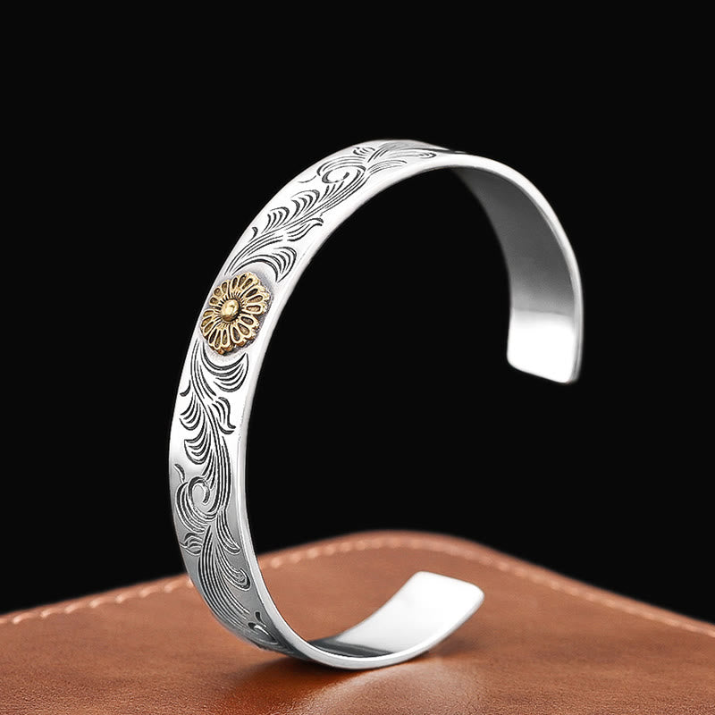 KarmaRipple's Tang Dynasty Flower Design Rose Flower Feather Carved Bronze Fortune Bracelet Bangle p10