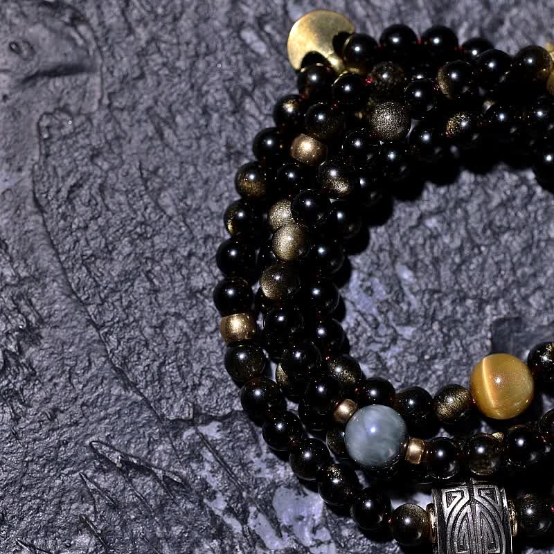 KarmaRipple's 108 Mala Beadwork Gold Sheen Obsidian Tiger Eye Eagle's Eye Stone Wealth Bracelet p23