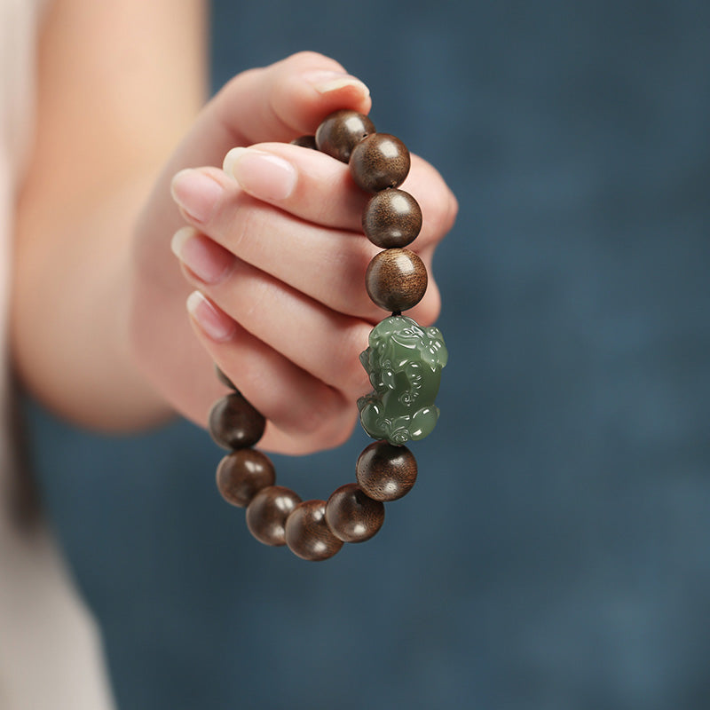 KarmaRipple's 925 Sterling Silver Brunei Agarwood PiXiu Jade Peace Strength Bracelet p5