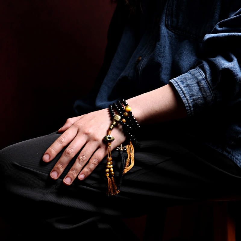 KarmaRipple's Tibetan 108 Mala Beadwork Black Onyx Tiger Eye Beadwork Nine Palaces Bagua Protection Bracelet p15