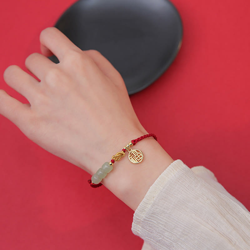 KarmaRipple's Handcrafted Jade Bead Fu Character Talisman Fortune Red Rope Bracelet p13