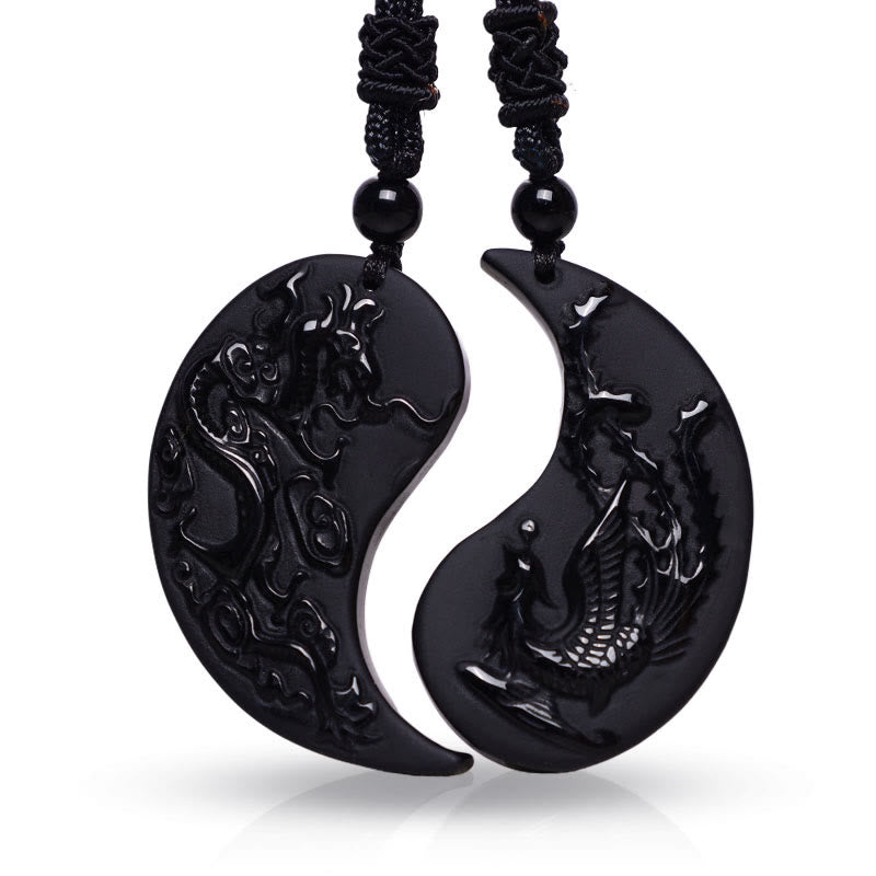 KarmaRipple's Black Obsidian Yin Yang Dragon Phoenix Fortune Pendant Necklace p1