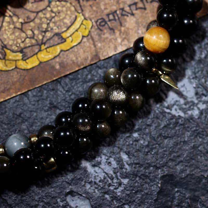 KarmaRipple's 108 Mala Beadwork Gold Sheen Obsidian Tiger Eye Eagle's Eye Stone Wealth Bracelet p25