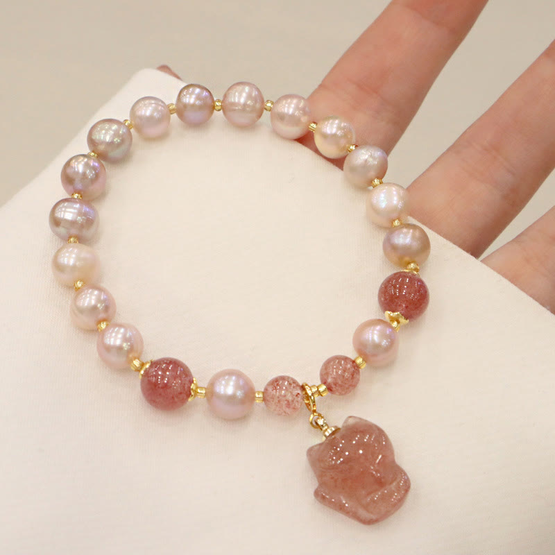 KarmaRipple's Authentic Pearl Strawberry Quartz Cute Fox Love Balancing Talisman Bracelet p4