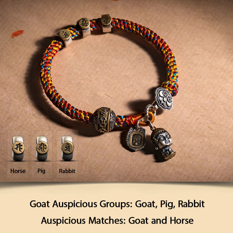 KarmaRipple's Handmade Tibetan 925 Sterling Silver Chinese Zodiac Natal Buddha Zakiram Goddess of Wealth Protection Multicolored Rope Woven Bracelet p57