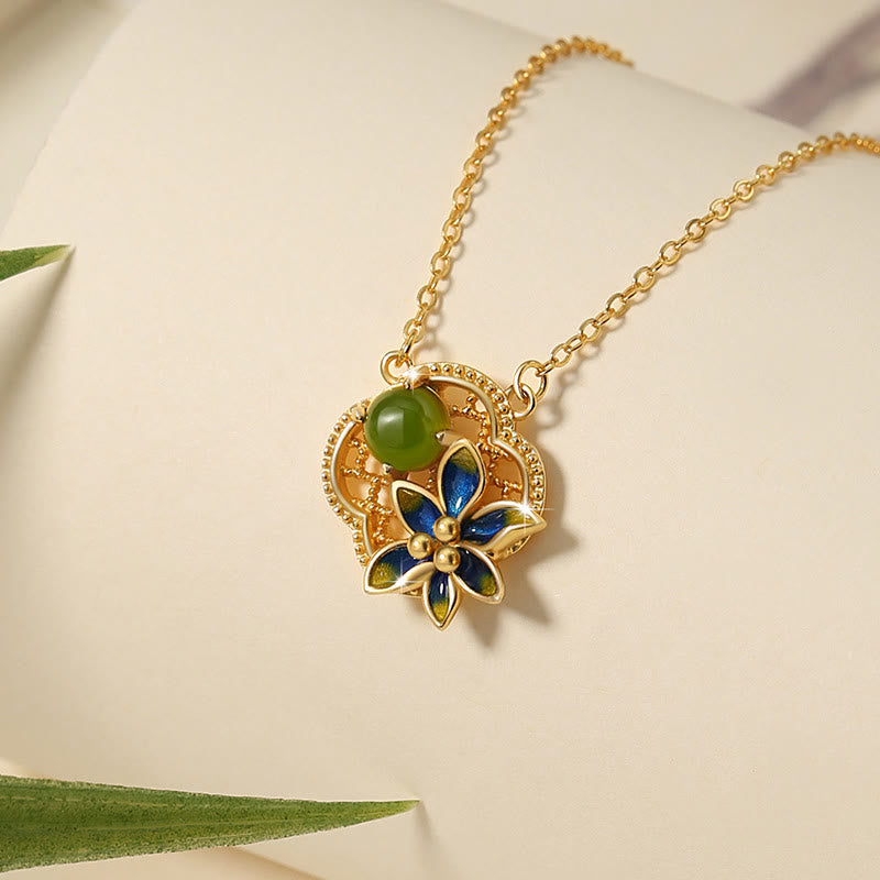 KarmaRipple's 925 Sterling Silver Four Leaf Clover Flower Hetian Cyan Jade Pearl Balancing Pendant Necklace Bracelet Earrings Set p7