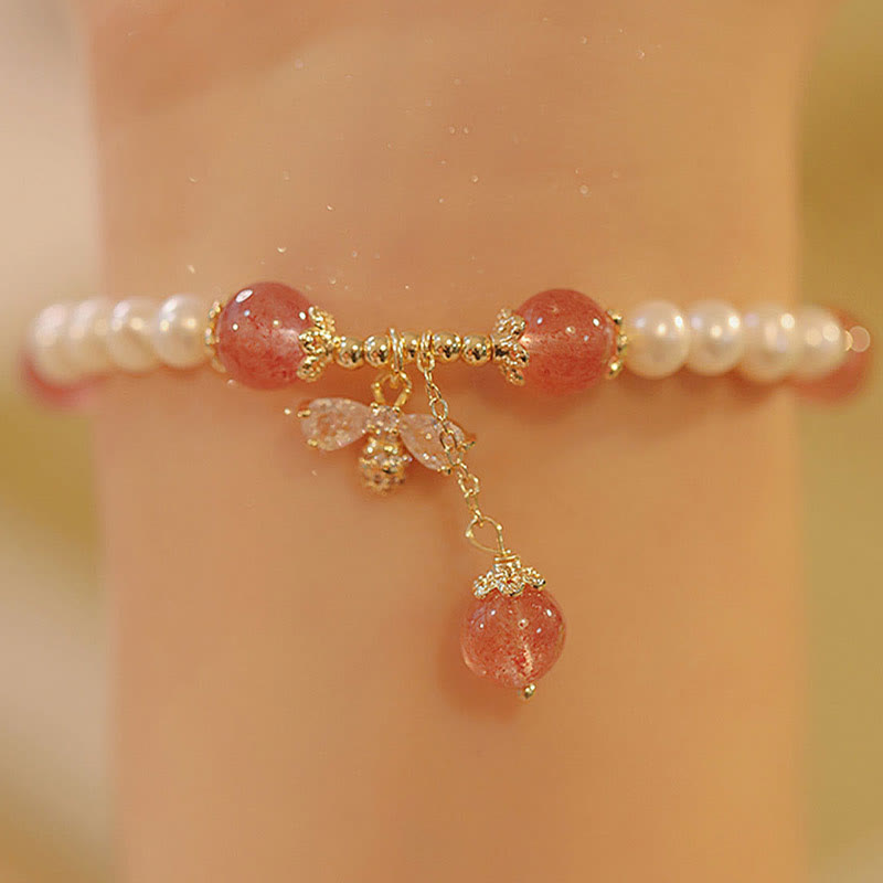 KarmaRipple's Authentic Pearl Strawberry Quartz Balancing Cute Honey Bee Talisman Bracelet p7