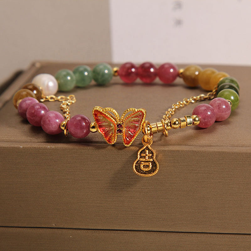 KarmaRipple's Authentic Colorful Tourmaline Butterfly Auspicious Character Gourd Talisman Positive Bracelet p9