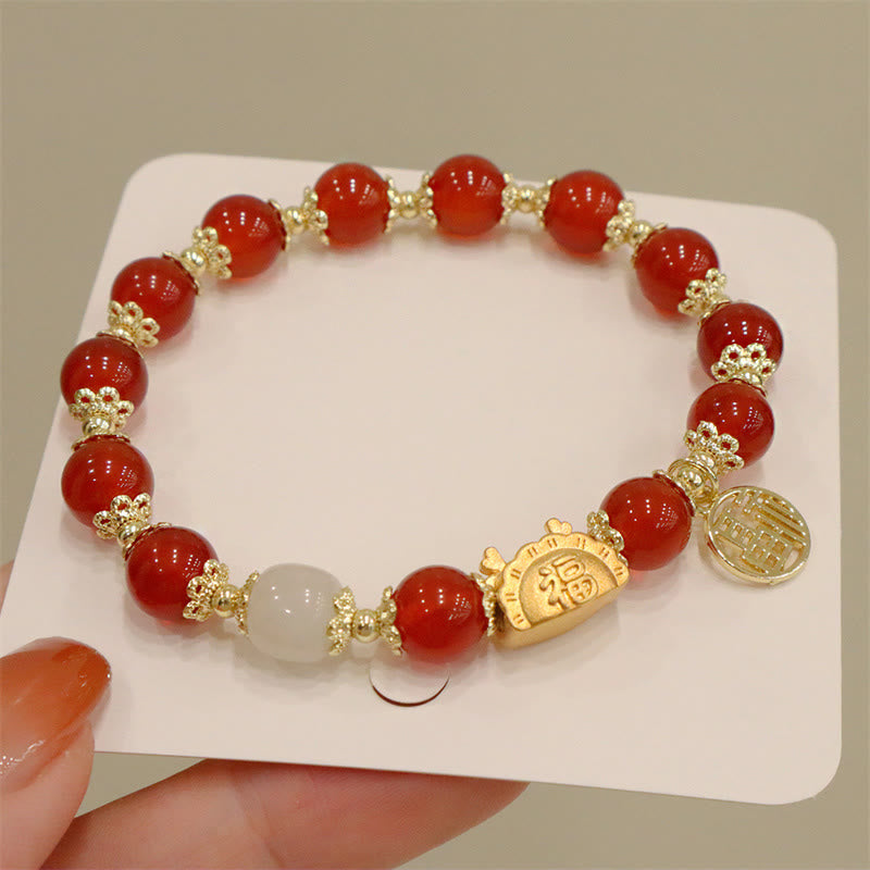 KarmaRipple's Year Of The Dragon Red Agate Strawberry Quartz Black Obsidian Jade Garnet Pearl Cinnabar Dumpling Dragon Fortune Fu Character Bracelet p1