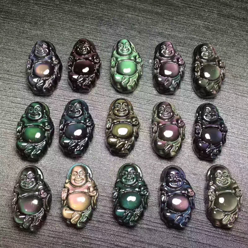 KarmaRipple's Authentic Rainbow Obsidian Laughing Buddha Inner Peace Pendant Necklace p12