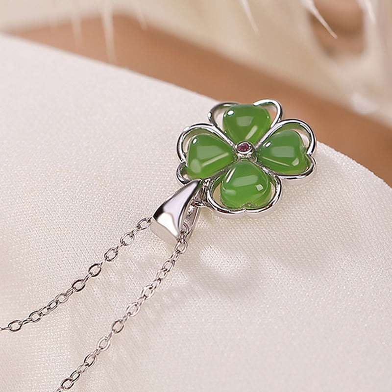 KarmaRipple's 925 Sterling Silver Hetian Cyan Jade Fortunate Four Leaf Clover Balancing Pendant Necklace p10