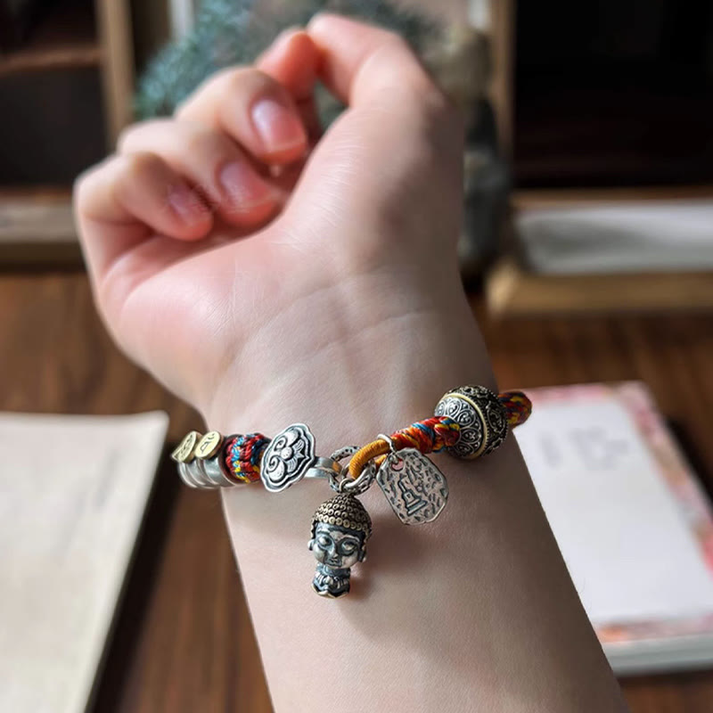 KarmaRipple's Handmade Tibetan 925 Sterling Silver Chinese Zodiac Natal Buddha Zakiram Goddess of Wealth Protection Multicolored Rope Woven Bracelet p23