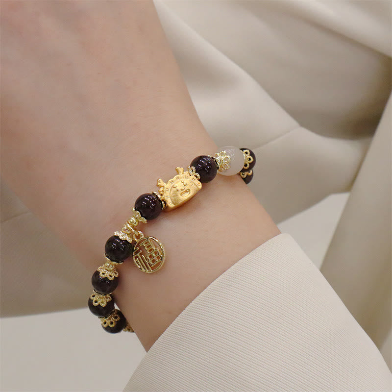 KarmaRipple's Year Of The Dragon Red Agate Strawberry Quartz Black Obsidian Jade Garnet Pearl Cinnabar Dumpling Dragon Fortune Fu Character Bracelet p28