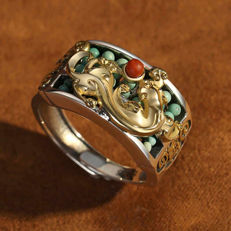 KarmaRipple's 925 Sterling Silver Turquoise Red Agate PiXiu Abacus Protection Ring p7