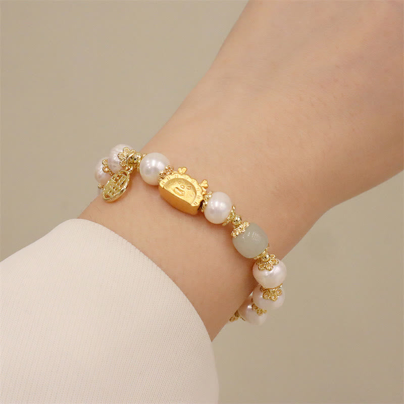 KarmaRipple's Year Of The Dragon Red Agate Strawberry Quartz Black Obsidian Jade Garnet Pearl Cinnabar Dumpling Dragon Fortune Fu Character Bracelet p31