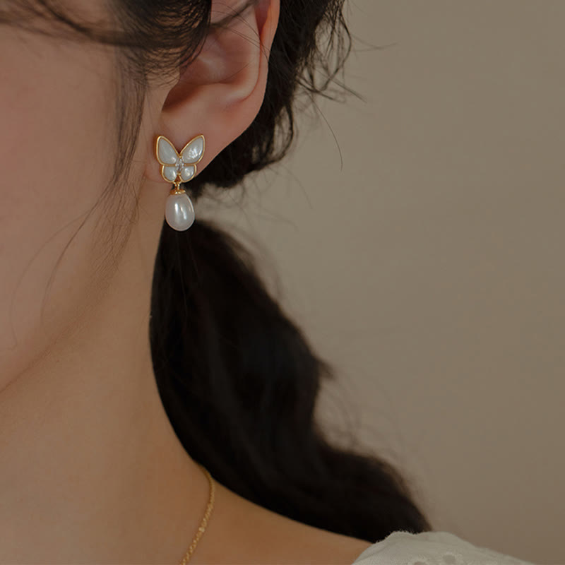 KarmaRipple's 14K Gold Plated Bronze Pearl Tridacna Stone Butterfly Blessing Ring Bracelet Pendant Necklace Earrings Set p18