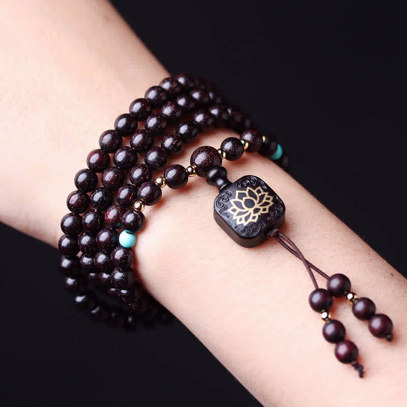 KarmaRipple's 108 Mala Beadwork Tibetan Small Leaf Red Sandalwood Lotus Balance Bracelet p3