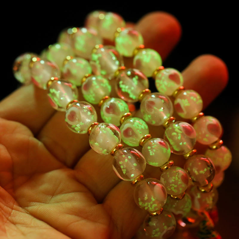 KarmaRipple's Gold Swallowing Beast Family Talisman Luminous Pink Love Heart Fluorescent Liuli Glass Bead Blessings Bracelet p7