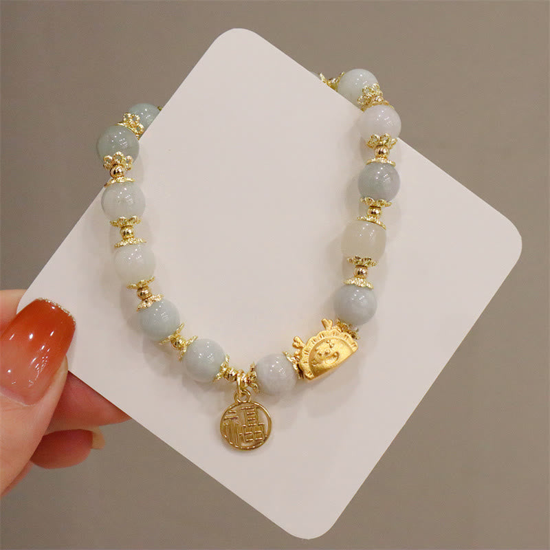 KarmaRipple's Year Of The Dragon Red Agate Strawberry Quartz Black Obsidian Jade Garnet Pearl Cinnabar Dumpling Dragon Fortune Fu Character Bracelet p22