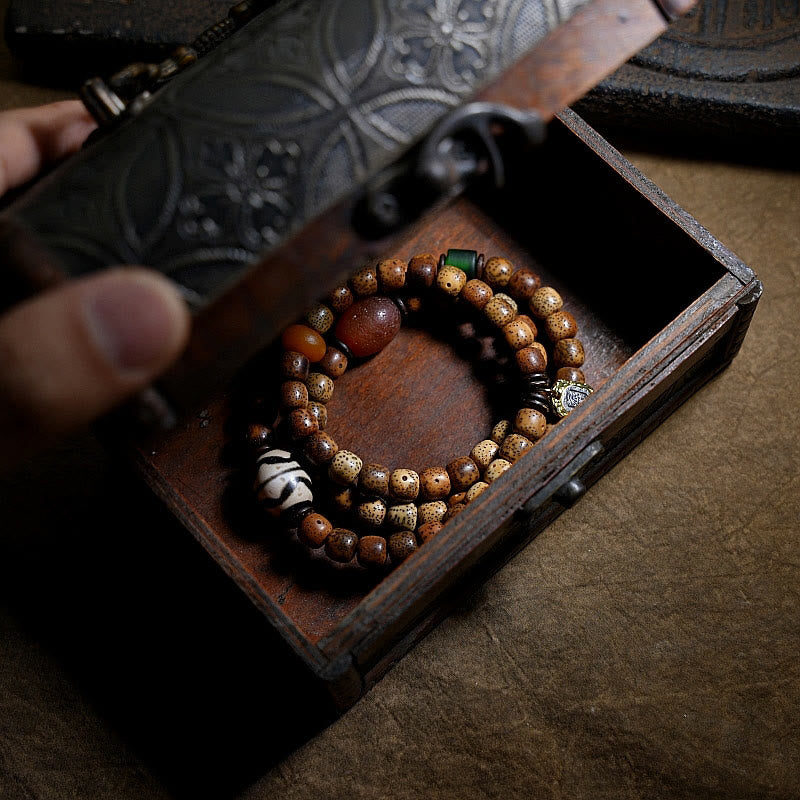 KarmaRipple's Tibetan Bodhi Seed Amber Dzi Bead Agate Zakiram Goddess of Wealth Beadwork Triple Wrap Bracelet p16