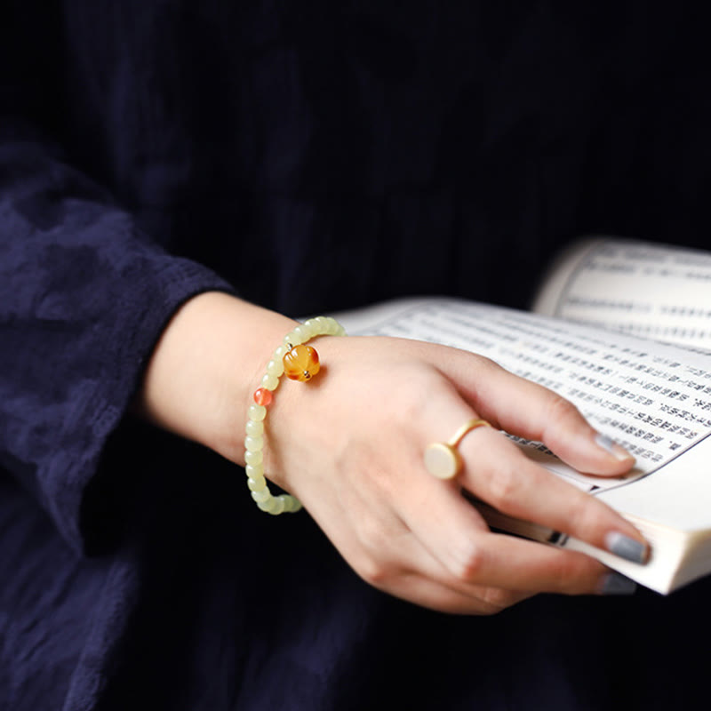 KarmaRipple's Authentic Hetian Jade Pumpkin Amber Red Agate Gemstone Prosperity Bracelet p7