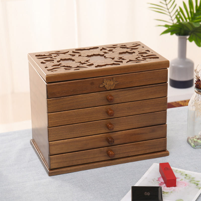 KarmaRipple's Large Capacity Vintage Flowers Carved Wooden Jewelry Box Six-Layer Jewelry Storage Box p8