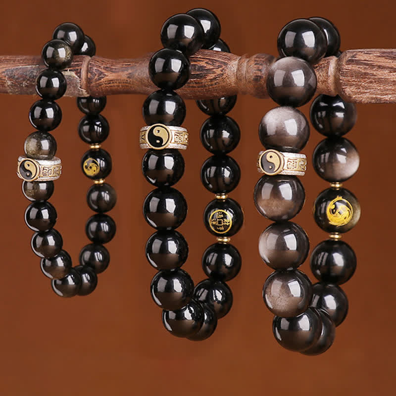 KarmaRipple's 925 Sterling Silver Black Obsidian Gold Sheen Obsidian Silver Sheen Obsidian Yin Yang Protection Bracelet p10